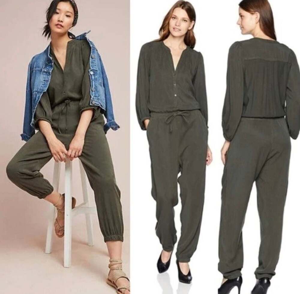 Velvet by Graham & Spencer Olive Green Drawstring Jumpsuit Size M